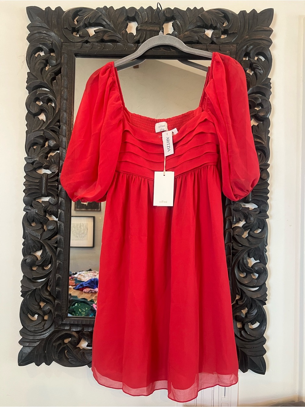 Aritzia Red Barberry Square-Neck Puff-Sleeve Mini Dress